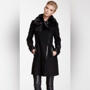 Via Spiga Wool Asymmetrical Faux Fur and Faux Leather Accent Coat - Size 6